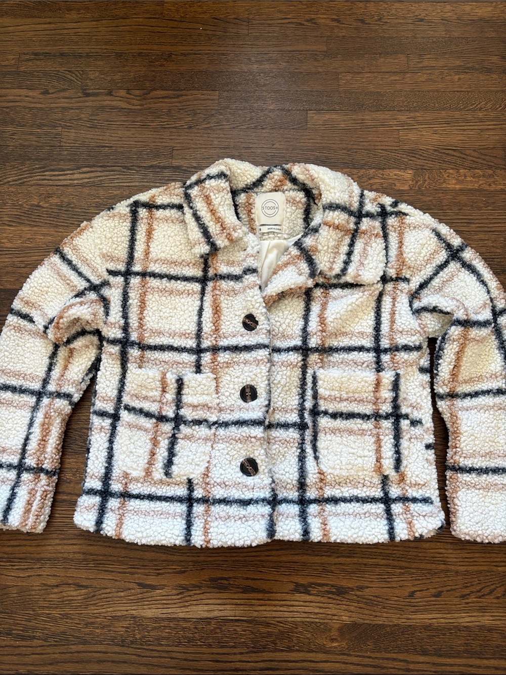 Stoosh Cream Plaid Sherpa Jacket with Black and Brown Windowpane